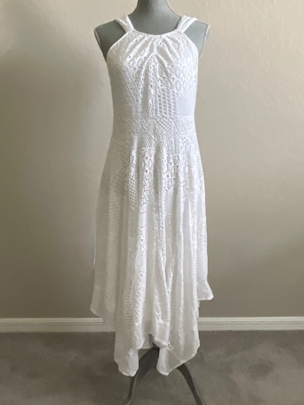 Chico’s White Eyelet Midi Dress Size 1 Handkerchief Hem Lined Summer